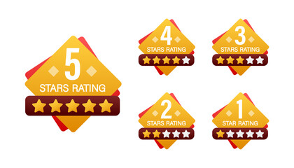 5 star rating. Badge with icons on white background. Vector stock illustration.