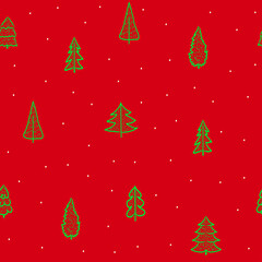 Happy new year and Christmas celebration seamless pattern with stylized green fir and spruce silhouette on red background,bright print for wallpaper,cover design,packaging,interior decor