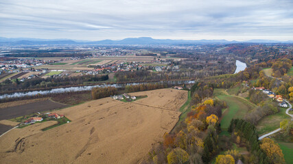 Aerial view of the area Grazer Becken south of the city of Graz with farmland and houses on a...