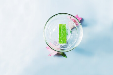 Organic natural facial serum with aloe in a glass container and pink flowers on a light background. Korean skin care product with space for text