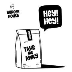 Hand drawn delicious Burger, fast food vector illustration. Doodle poster template for restaurant, Burger House. Sketch take away bag with burger.