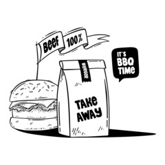 Hand drawn vector illustration of a takeaway Burger. Doodle take away bag.