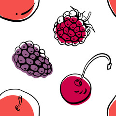 Seamless pattern with garden fruits and berries in colorful black line sketchy style isolated on white background. Doodle hand drawn vector illustration