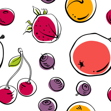 Seamless pattern with garden fruits and berries in colorful black line sketchy style isolated on white background. Doodle hand drawn vector illustration
