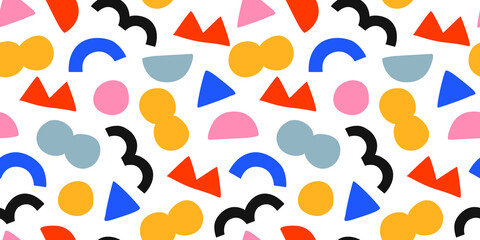 Fun colorful doodle seamless pattern. Creative minimalist style art background for children or trendy design with geometric shapes. Simple childish backdrop.