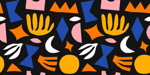Abstract matisse inspired seamless pattern with colorful freehand doodles. Organic flat cartoon background, simple random cutout shapes in black colors. 