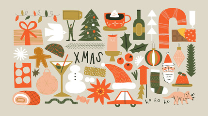 Set of christmas doodle and abstract xmas icons on isolated background. Quirky hand drawn holiday collection, retro shapes in funny cartoon art style. Includes santa claus, pine tree, and ornament.