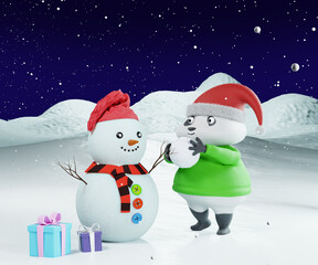 Cartoon character sculpts a snowman, 3d render. Cartoon Panda makes a snowman, against the background of snowy hills and snowfall. Greeting card for Christmas or New Year