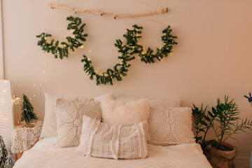 bedroom, new year bedroom decor, christmas wreath, garland