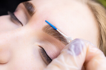 completed eyebrow lamination procedure the master combs the eyebrows of the eyebrow combs