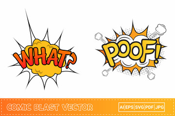 What comic burst with red and yellow colors. Poof comic explosion with yellow, white, and orange color. Comic burst explosion. Poof, blast with cloud bubble for cartoon speeches. Comic blast vector.