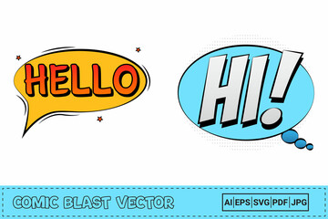 Hello comic pop-up with red and yellow color. Hi comic explosion with white and blue color. Comic burst explosion. Hello text pop-up with bubble for cartoon speeches. Comic speech explosion vector.