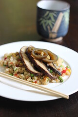 food, meal, plate, dinner, mushroom on plate, vegetable on plate, cauliflower rice, 