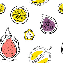 Seamless pattern with tropical fruit slices in colorful black line sketchy style isolated on white background. Doodle hand drawn vector illustration