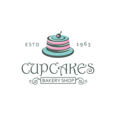 label with cupcake for bakery shop isolated on white background