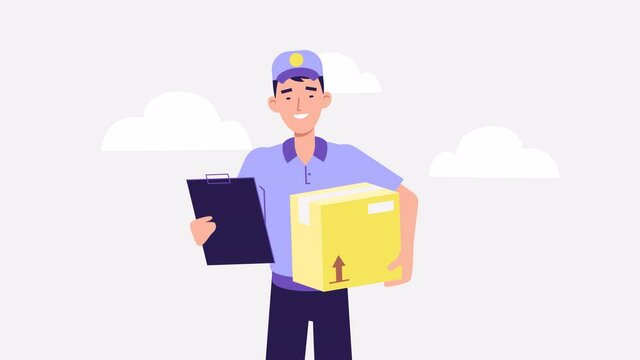 Delivery concept animation. Male courier with package box and tablet in hands. 2d cartoon flat style motion design. fast mail, postal delivery service