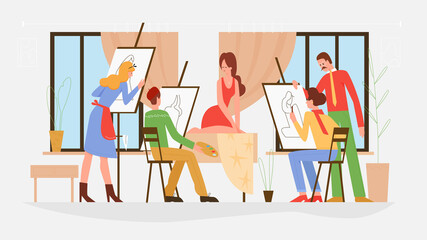 Fototapeta na wymiar Master class lesson in art studio vector illustration. Cartoon team of talent artist characters sitting at easel, painting portrait of model on canvas, drawing with brush and paints isolated on white