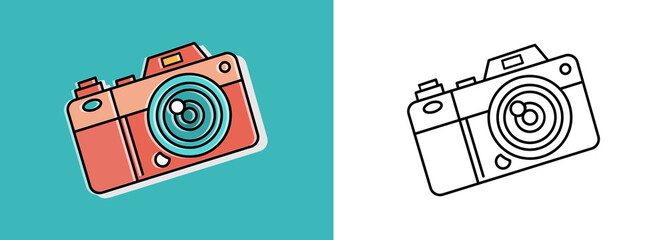 Photo camera. Travel or hiking and trips symbol. Camping element for print. Sticker, doodle pin, patch.