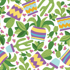 Seamless pattern with succulents and cactus in colourful pots, pattern in doodle hand drawn style. Vector illustration
