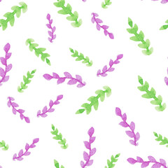 Seamless pattern with hand-drawn watercolor green and purple branches with leaves on white. Summer, spring season. Organic, natural, freshness concept for textile, print, etc.