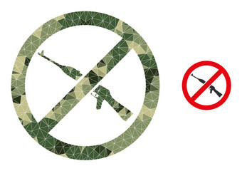 Obraz premium Camouflage lowpoly mosaic forbid kalashnikov weapon icon. Lowpoly forbid kalashnikov weapon pictogram designed of scattered camo color triangle parts.