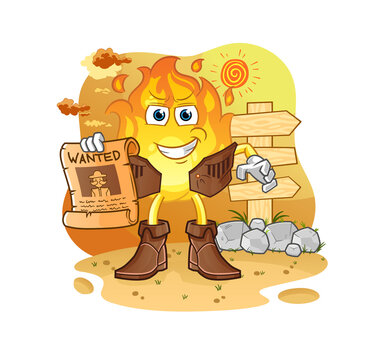 fire cowboy with wanted paper. cartoon mascot vector