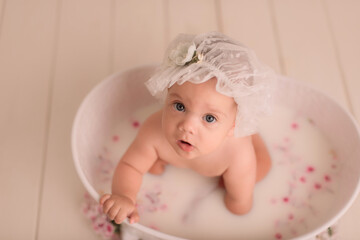 baby in bath,bathing cap, cleopatra's bath