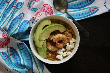 bowl of soup, shrimp soup, avocado, soup with avacado, avocado with shrimp, feta, bowl, spoon, 