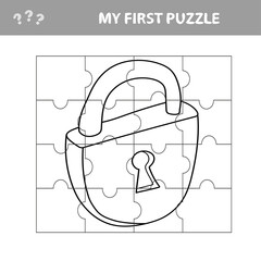 Lock. Education paper game for preshool children. Vector illustration. Jigsaw puzzle. My first puzzle and coloring book