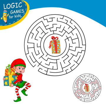 Round Maze. Christmas elf. Labyrinth conundrum with cartoon elf holds group of colorful presents. Find the right path to gift box. Logic Games for kids with Answer. Education worksheet. Activity page.