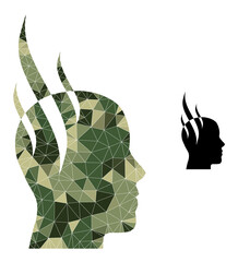 Camouflage low-poly mosaic brain steam icon. Low-poly brain steam pictogram is designed of random khaki filled triangle parts. Vector brain steam icon in camouflage military style.