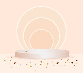 Round light podium on peach backlit background with light and confetti . 3d podium. Vector white pedestal for product presentation.