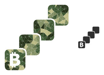 Camouflage lowpoly collage bitcoin blockchain icon. Lowpoly bitcoin blockchain icon is combined from randomized khaki filled triangle parts. Vector bitcoin blockchain icon in khaki military style.