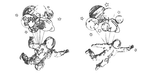 Astronaut with balloons and planets on the white background. Vector illustration