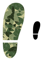Camouflage triangle mosaic human foot print icon. Low-poly human foot print icon is combined of scattered camouflage colored triangle parts.