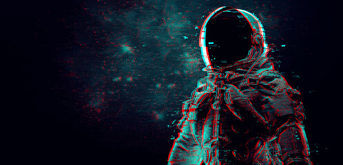 Glitch astronaut on the background of the moon and space. Digital pixel noise abstract design. Vector illustration © Yevheniia