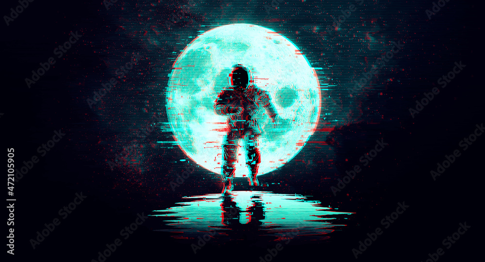 Wall mural glitch astronaut on the background of the moon and space. digital pixel noise abstract design. vecto