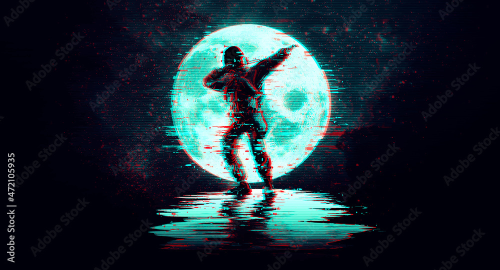 Wall mural glitch astronaut on the background of the moon and space. digital pixel noise abstract design. vecto