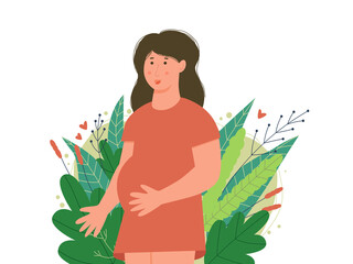 Vector illustration, pregnant woman with plants andd flowers on the background. Expecting baby, pregnancy and baby planning concept. Nice illustration for posters, banners, advertisments