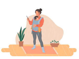Vector illustration, modern mother with baby in carrier with phone in hand. Modern maternity concept, mom talking on phone, online shopping, chatting