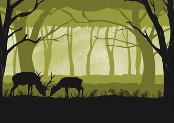 cartoon fantasy black and green leafy forest landscape with two deers eating, vector poster with nature