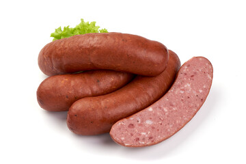Smoked sausages, isolated on white background. High resolution image.