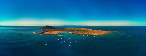 Aerial panoramic view of Isla de Lobos Fuerteventura Canary Islands