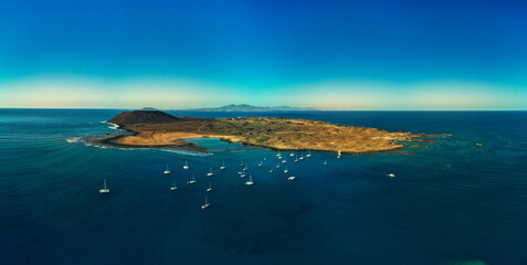 Naklejka na ściany i meble Panoramic aerial view of Isla de Lobos island Fuerteventura