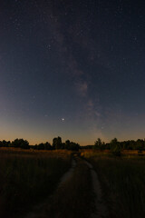 A large panorama, a country road stretching away into the fields to the forest. Starry sky with the Milky Way overhead
