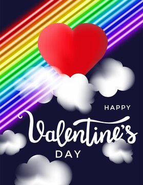LGBT Valentine's day background with red hearts, clouds and neon flag colors. Colorful design for greeting card, banner, poster, invitation,business, party etc. Vector illustration