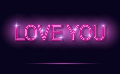 Love you neon sign. Happy Valentine's day pink neon design for invitation, party, banner, poster, brochure. Retro neon sign. Happy Valentine's Day Vector illustration