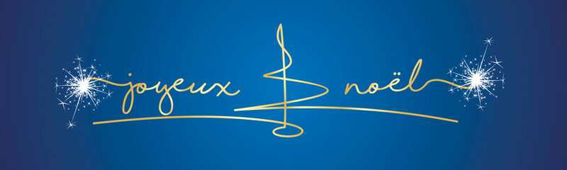 Merry Christmas French language golden handwritten lettering tipography and abstract line design christmas tree sparkle firework white blue background