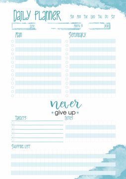 Daily planner printable template Vector. Blank white notebook page A5. Business organizer schedule page for a day for effective planning. Paper sheet. Vector illustration design