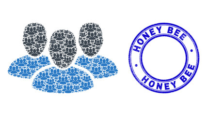 Vector user group icon collage is created from repeating self user group parts. Honey Bee unclean blue round stamp seal. Recursive mosaic from user group icon.